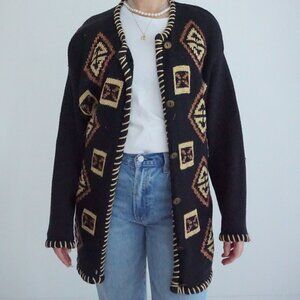 Vintage Northeast Knitters Black w Gold Knit Detail Button Up Cardigan Sweater L